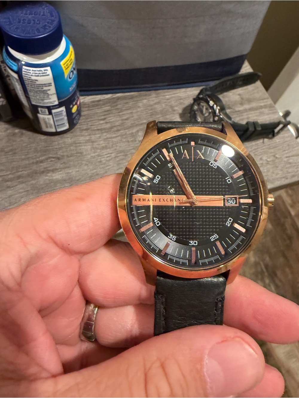 Armani Exchange Rose Gold Case Black Dial Leather Strap Watch